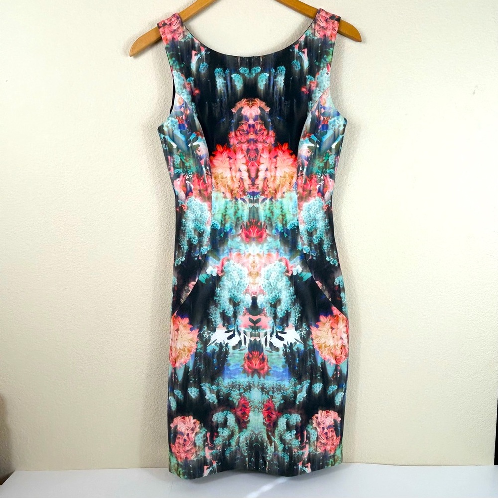 Nicole Miller Gold Label Black and Multicolor Flower  Dress, Size 4